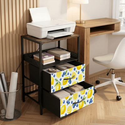 2 Drawers Nightstand with Charging Station, Bedroom Nightstand with USB Ports, Outlets Open Shelf Black, night stand with Lemon Blueberry Watercolor Seamless Fresh Citrus Slices Light Print