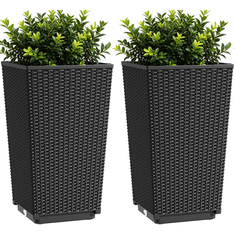 Ensemble de 2 grands pots de fleurs carrés d'extérieur, aspect osier, avec drainage, noirs