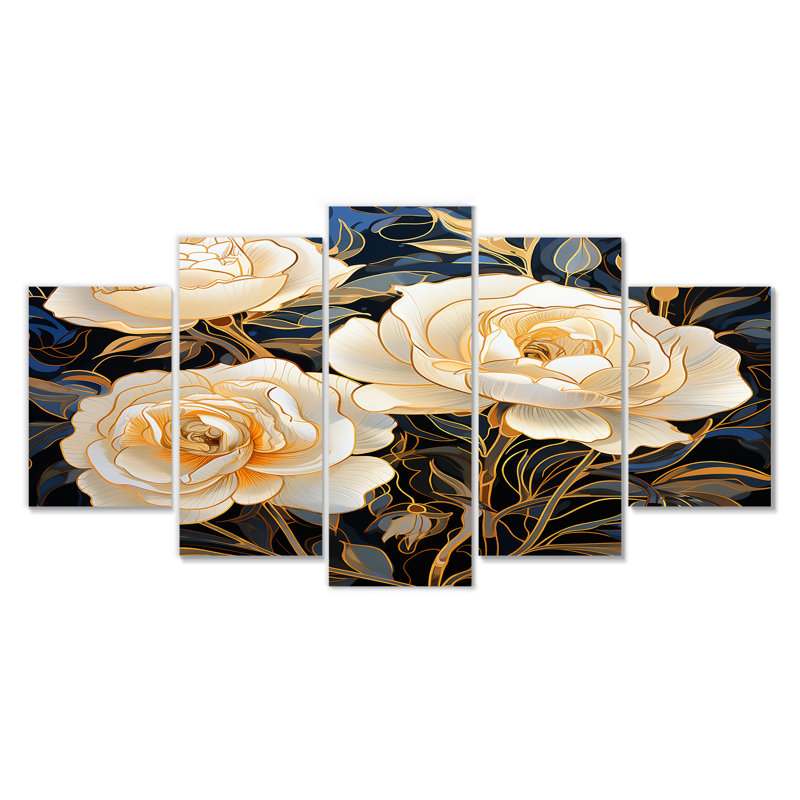 «White Rose Golden Leaves Retro Blue - Roses», ensemble d'art mural 5 pièces