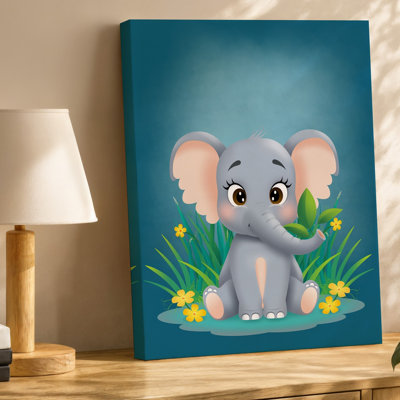 Toile, un joli éléphant de style dessin animé est assis dans un art mural