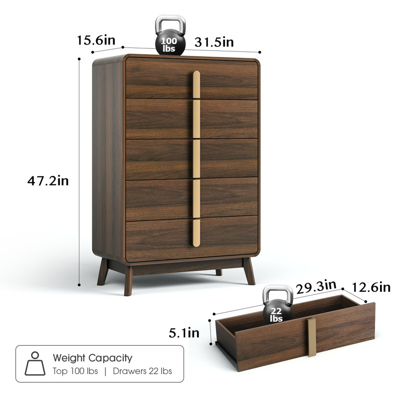 Mid Century Modern 5 Drawer Dresser, Black Walnut