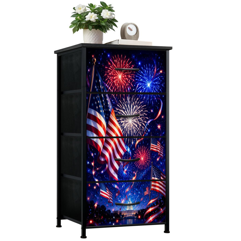 Commode de rangement verticale 4 tiroirs drapeaux américains éclatants avec feux d'artifice rouge et bleu nuit festive avec tiroirs en bois