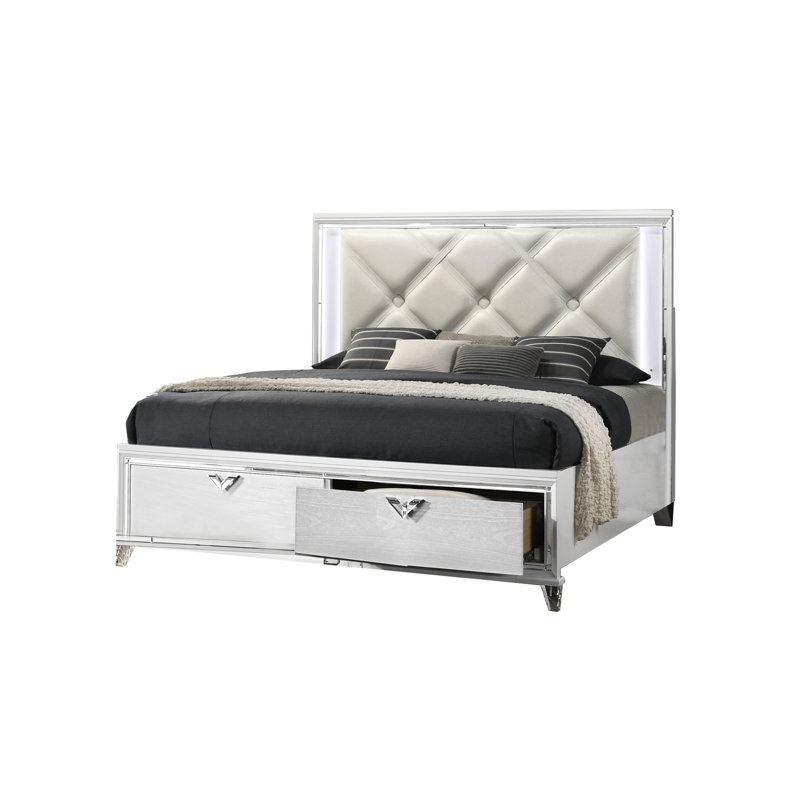 Lit très grand contemporain avec tête de lit à DEL hypnotisante et revêtement tendance - Table de rangement cachée