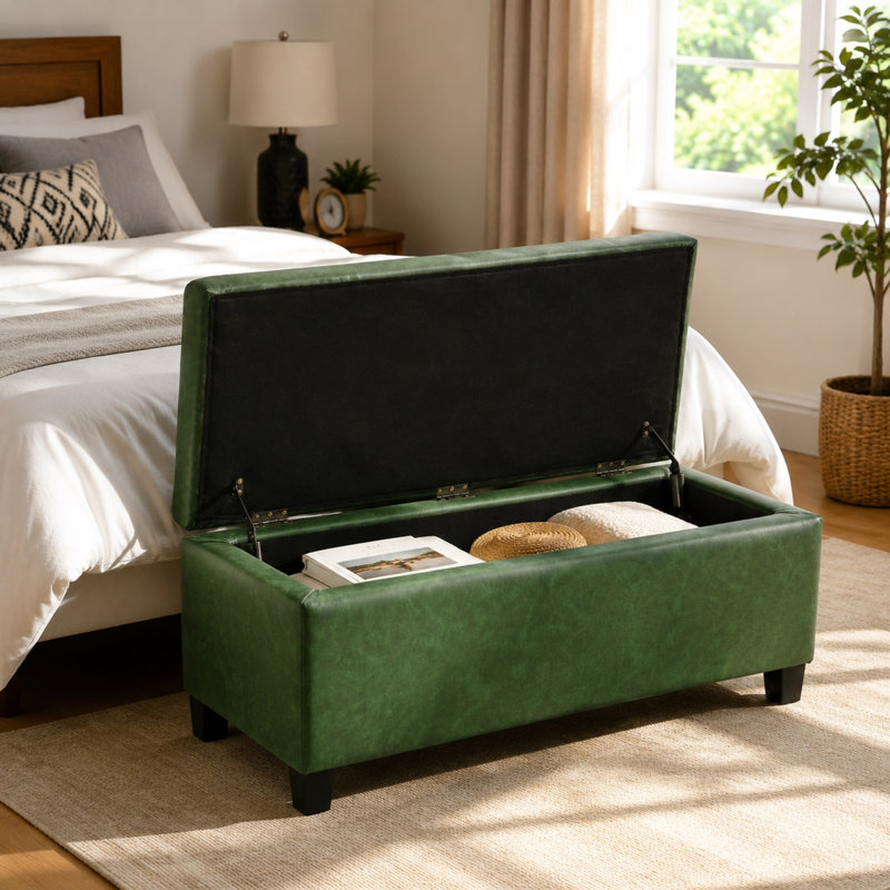 Pouf de rangement avec couvercle rabattable, montage facile, tissu PU et pieds en bois d'hévéa