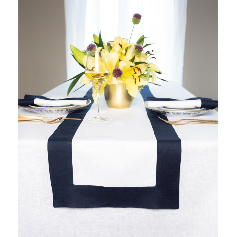 Contempo - 100% Pure Linen Table Runner, 90" x 14", Aqua Blue/White