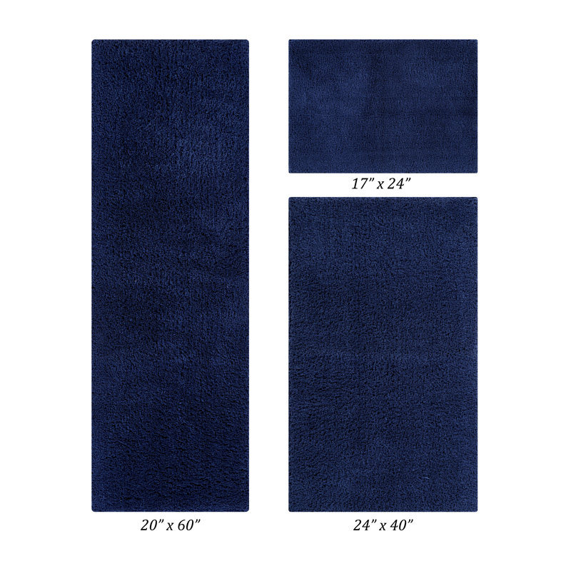 Loida Collection 100% Polyester Machine Washable 3 Piece Plush Bathroom Rug Set, Navy