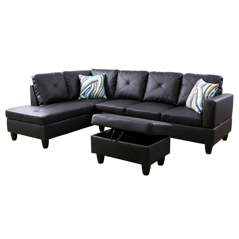 Ensemble de canapé modulaire en cuir 3 pièces avec méridienne et repose-pieds avec rangement Monaco, Similicuir noir