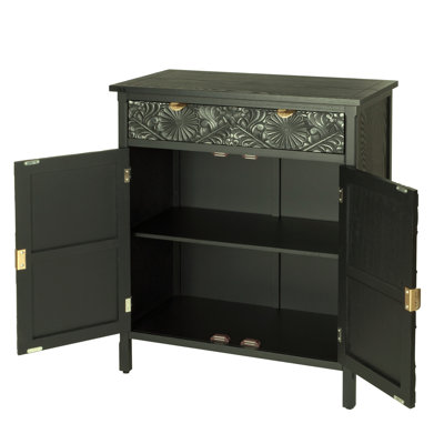 Armoire décorative sculptée à la main, armoire de rangement en bois avec tiroir et portes, buffet floral en relief avec poignées dorées pour le hall d'entrée, salon, 14,97 po x 31,5 po x 36,82 po