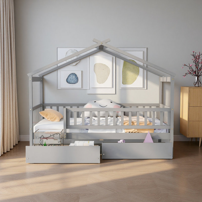 Lit simple en bois avec deux tiroirs, Gris