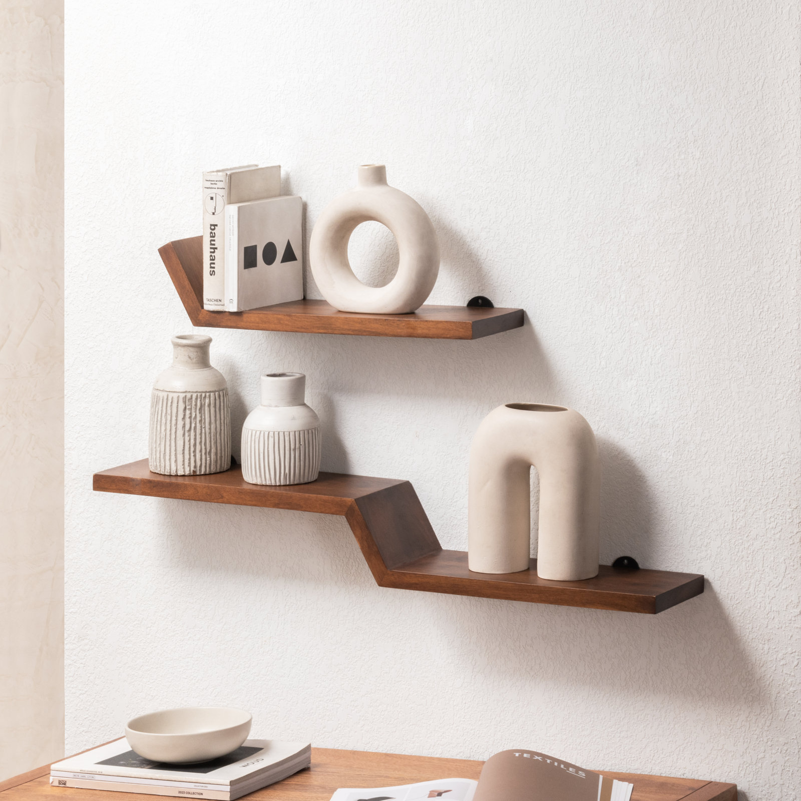 Marv Solid Mango Wood Wall Mounted Floating Shelves (Set of 2) , Walnut