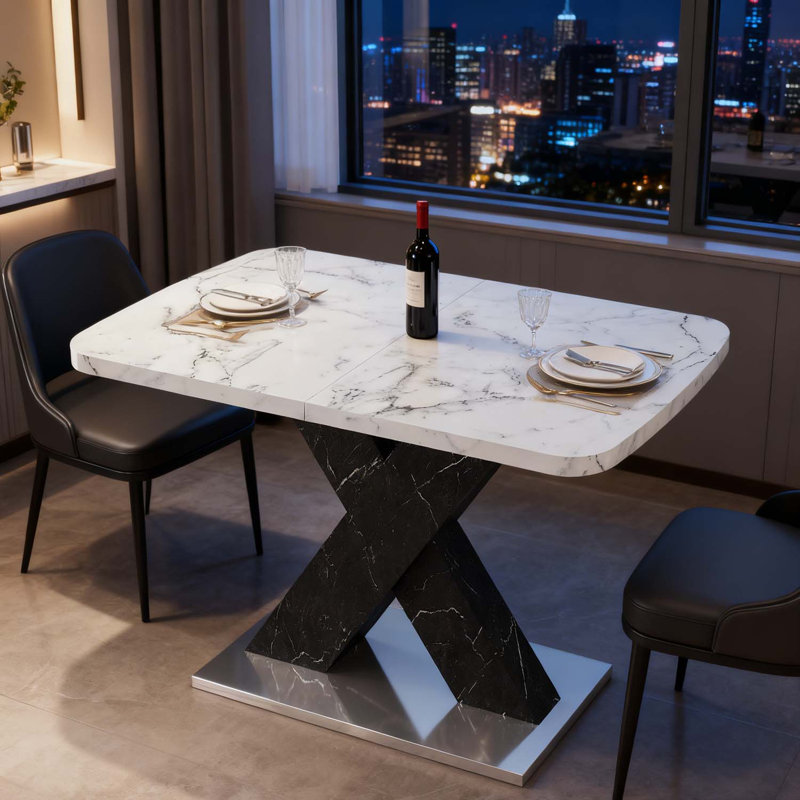 Table de salle à manger rectangulaire moderne avec plateau extensible et pieds en X durables, Blanc, Blanc/Noir