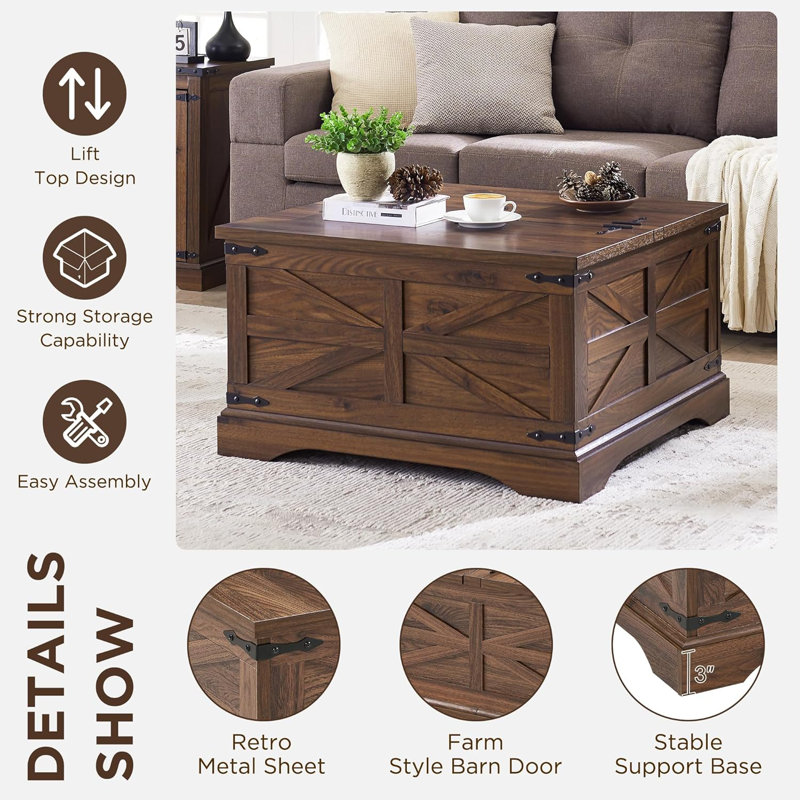 Table basse à plateau relevable Farmhouse, table carrée en bois avec rangement caché 36 po, Brun