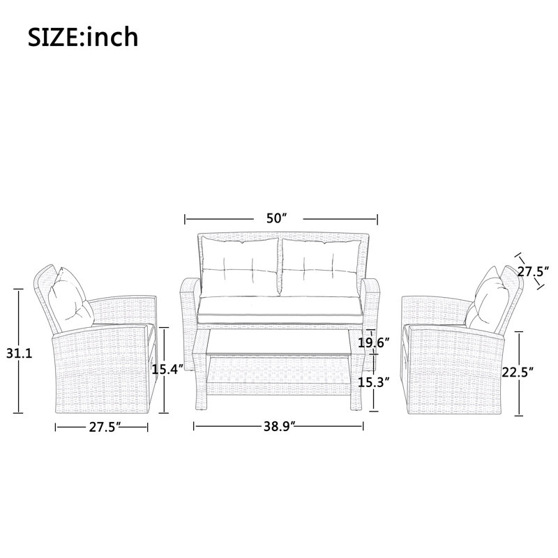 4-Person Outdoor Patio Conversation Furniture Set Rattan Sectional Seating Group With Cushions, Beige