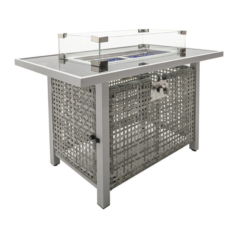 Table de foyer d'extérieur au gaz propane K&K de 43 po, foyer d'extérieur rectangulaire en osier à tissage ouvert de 60000 BTU avec pare-vent en verre pour terrasse de jardin