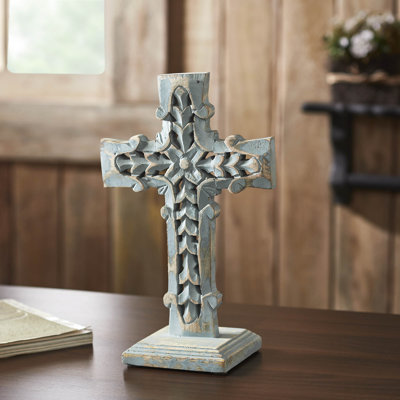 Croix en bois gris vieilli avec base et rosette 13 x 8 x 5