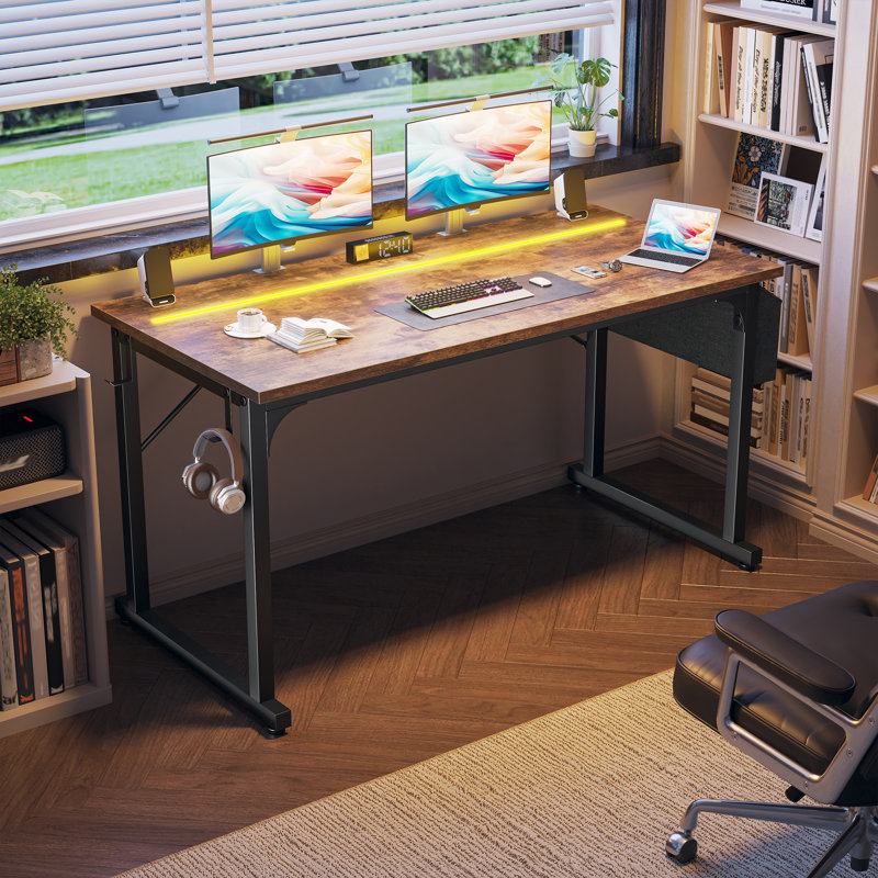 Home Office Computer Desk With LED Lights For Small Spaces, Study Writing Desk With Storage Bag And Headphone Hook