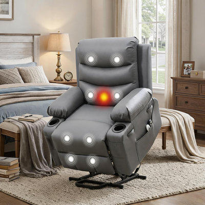 Fauteuil releveur électrique pour personnes âgées, fauteuil inclinable individuel surdimensionné avec aide à la levée et assise large - Relevage en douceur, commande facile - Porte-gobelets, poche latérale, structure en métal - Gris PU, largeur d'assise 137 cm