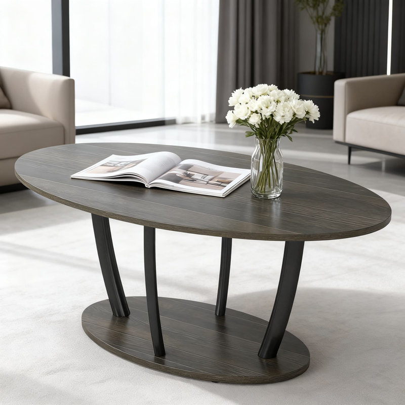 Table basse rustique ovale avec tablette pour le salon, table centrale étroite en bois avec pieds incurvés en métal, table d'appoint de style rétro pour les petits espaces
