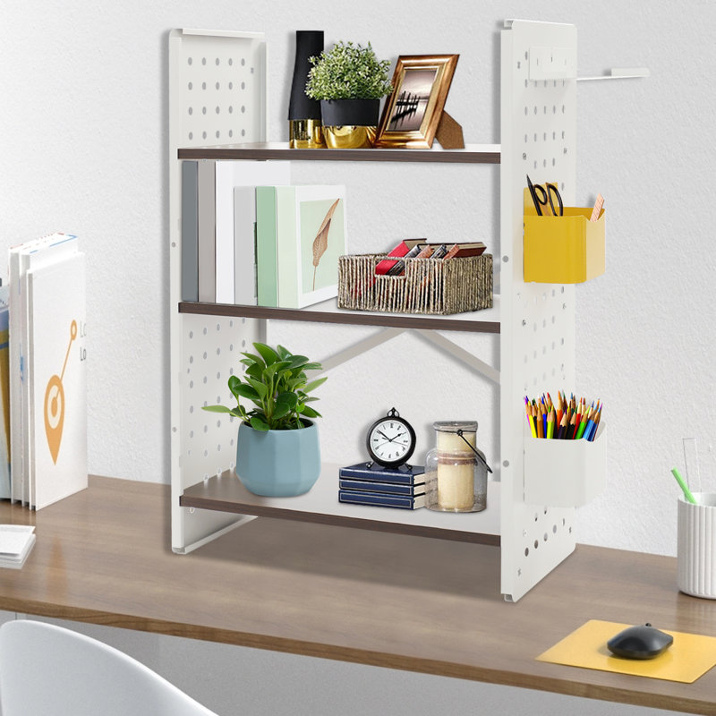 3-Tier Desktop Bookshelf Desk Organizer Bookshelf Storage Shelf With 2 Storage Boxes, White, 23.6"H x 15.7"W x 7.9"D