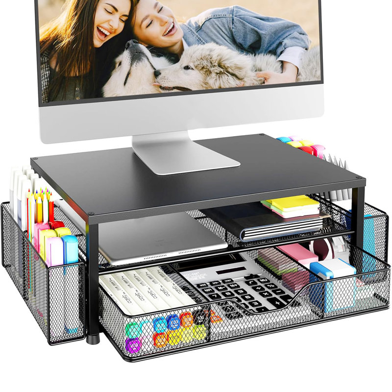 2-Tier Computer Monitor Stand with Drawer and 2 Pen Holders, Black