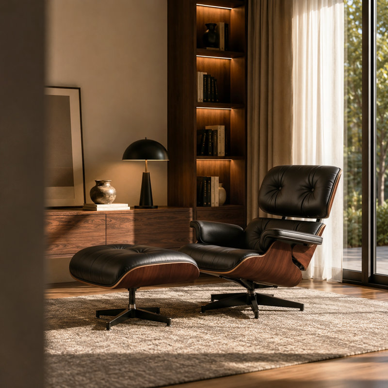 Chaise longue pivotante en cuir véritable et bois massif avec repose-pieds et accoudoirs pour le salon, Noir / brun noyer