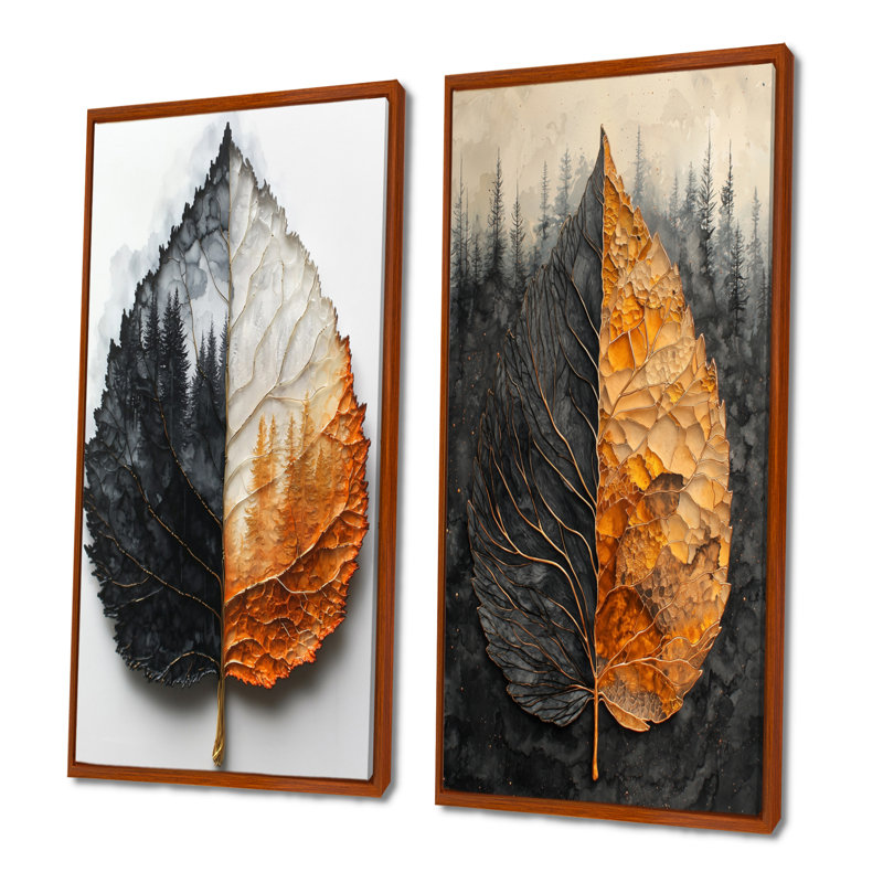 «Modern Modern Leaves Dark Symetry Of Autumn I», collection d'art mural floral à 2 panneaux, H 32 po x l 33 po