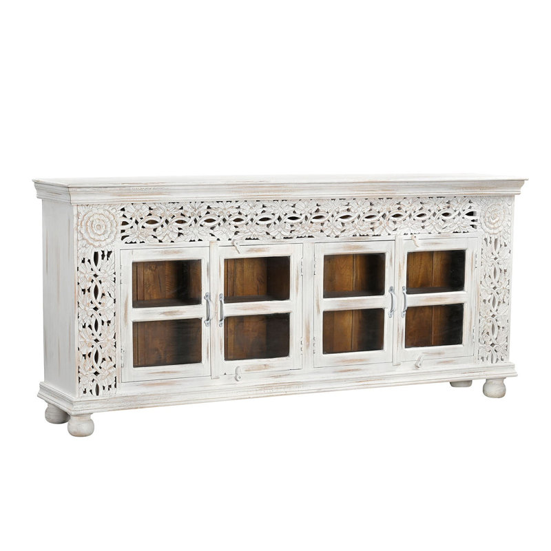Buffet de style transitionnel en treillis sculpté de 83 po de long avec portes en verre