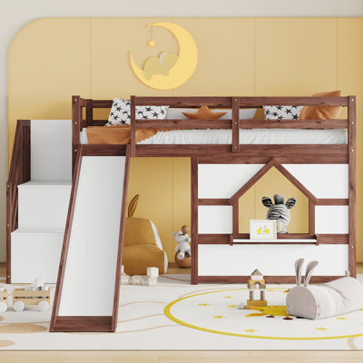 Kids Twin Loft Bed with Storage Stairs, Slide, Playhouse Window and 7 Colors LED Lights, Solid Pine Wood Low Loft Bed Frame for Bedroom, White  +Beige