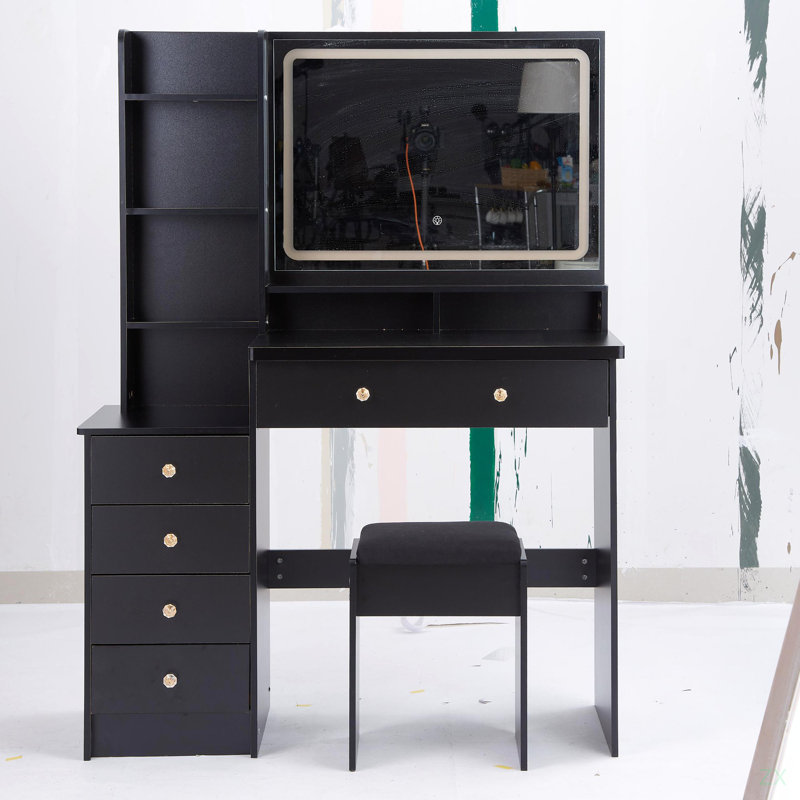 Grande table de chevet 41 po avec tabouret de chevet et très grand miroir à DEL, Noir