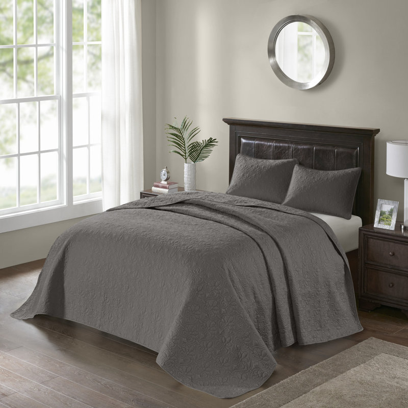 Ensemble de couvre-lit réversible gris foncé, Couvre-lit pour grand lit + 2 taies décoratives, Gris foncé
