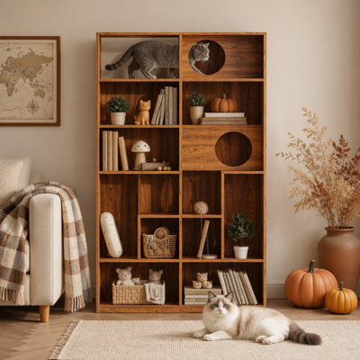 Modern 2 IN 1 Wood Bookshelf  Cat House, Cat Tree Display Case with Storage, Cat Litter Box Enclosure Climbing Shelf - BROWN