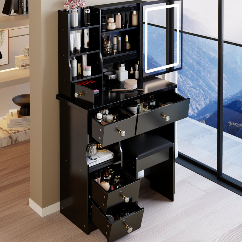 29,2 po, coiffeuse et tabouret de tiroir de gauche, miroir tricolore à luminosité réglable, rangement grande capacité, petits espaces, tabouret rembourré noir, tiroir, miroir à commande tactile, espaces limités,
