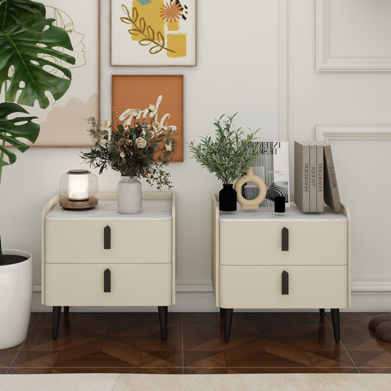 Ensemble de 2 tables de chevet, table de chevet avec 2 tiroirs et plateau de table en marbre, table d'appoint moderne pour la chambre à coucher, table de bout pour le salon, blanc