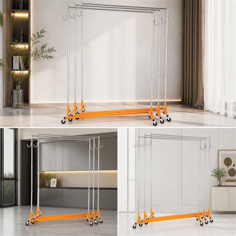 Portant à vêtements industriel de base en Z, support à vêtements à roulement en Z réglable en hauteur, support à vêtements en acier robuste avec roulettes verrouillables, pour présentoir de magasin de vêtements orange (3 ensembles)