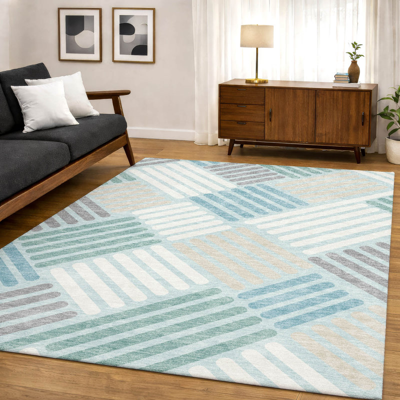 Premium Machine Washable Mayfield AMF2339 Geometric Rug, Seafoam, 9' x 12'