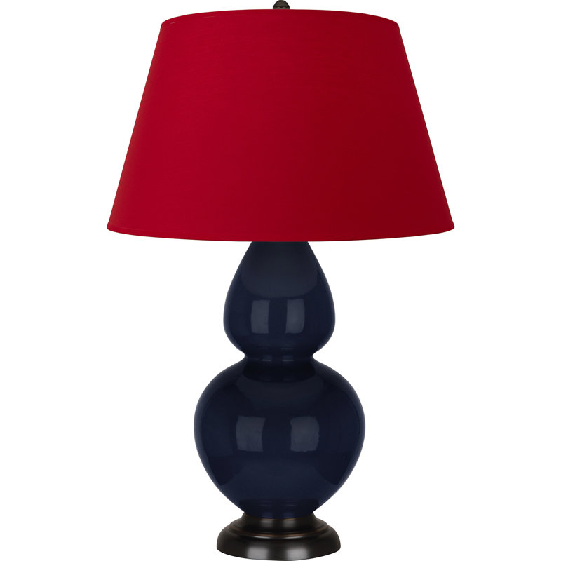 Lampe de table double gourde en céramique, Bleu minuit émaillé / bronze, Blanc cassé, Bronze