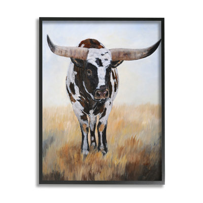 Tacheté longhorn bovins, art de la giclée noire encadrée par Kathy Winkler