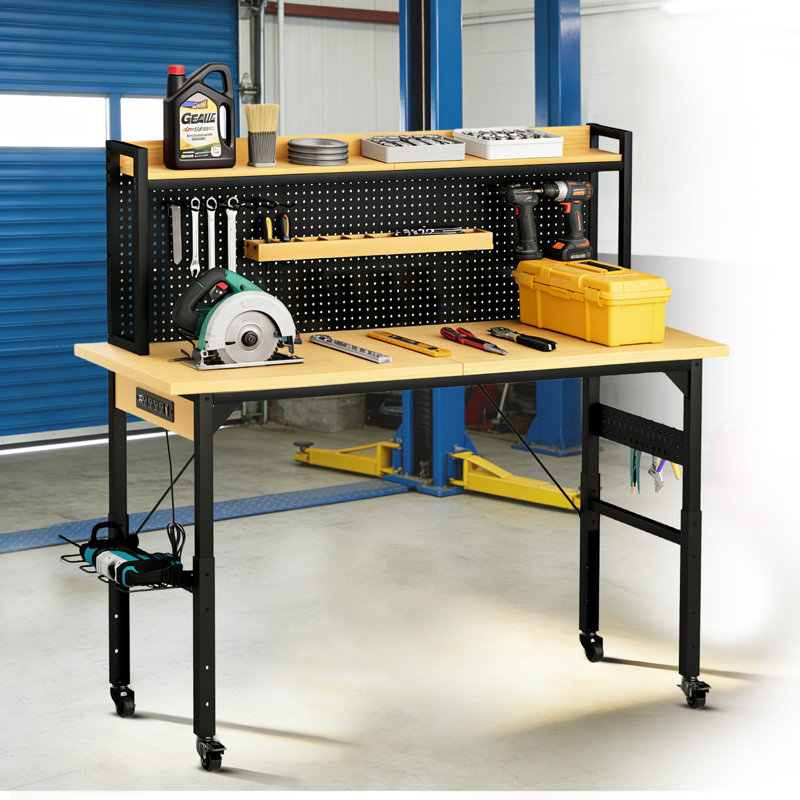 Banc de travail réglable, capacité de 1 600 lb, avec panneau perforé et prises CA / USB, banc de travail en bois robuste avec roulettes et tablette de rangement, pour garage atelier, naturel