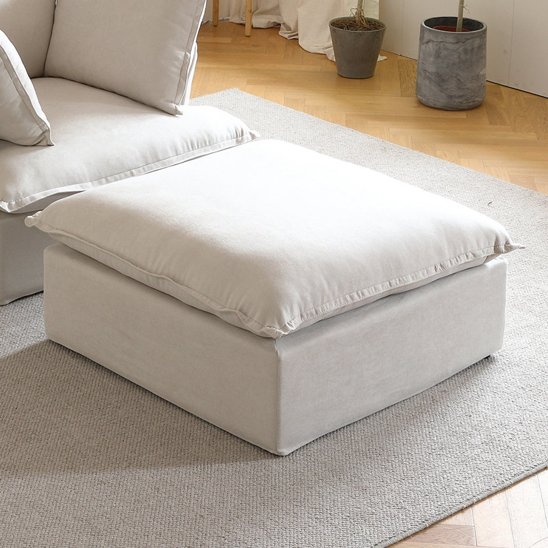 Fairford Upholstered Linen Velvet Slipcovered Ottoman, Linen Blend Beige