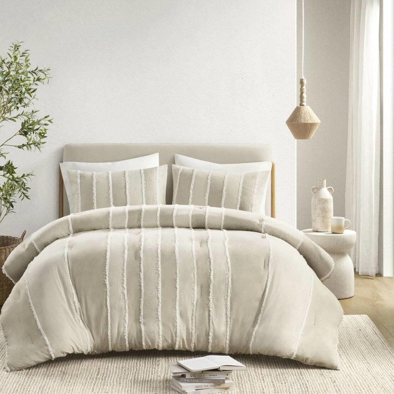 3 pièces d'édredon en coton rayé - taupe très grand / très grand avec rayures et garniture blanche lavable à la machine