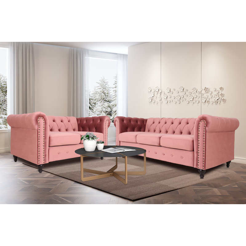 Causeuse à accoudoirs roulés 65 po Cococon, Velours rose