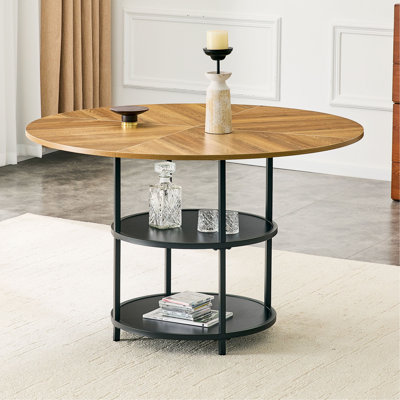 Table de salle à manger circulaire de 47,3 pouces de diamètre avec épissure moderne - rangement à double couche, design en diagonale de bois en forme d'éventail assorti, interprétant l'esthétique et la fonctionnalité de la maison.