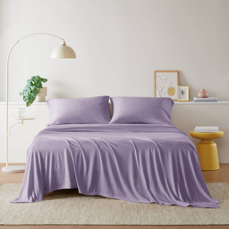 Ensemble de draps en tricot de coton toutes saisons, Ensemble de draps pour lit simple TG avec 1 taie d, Mauve