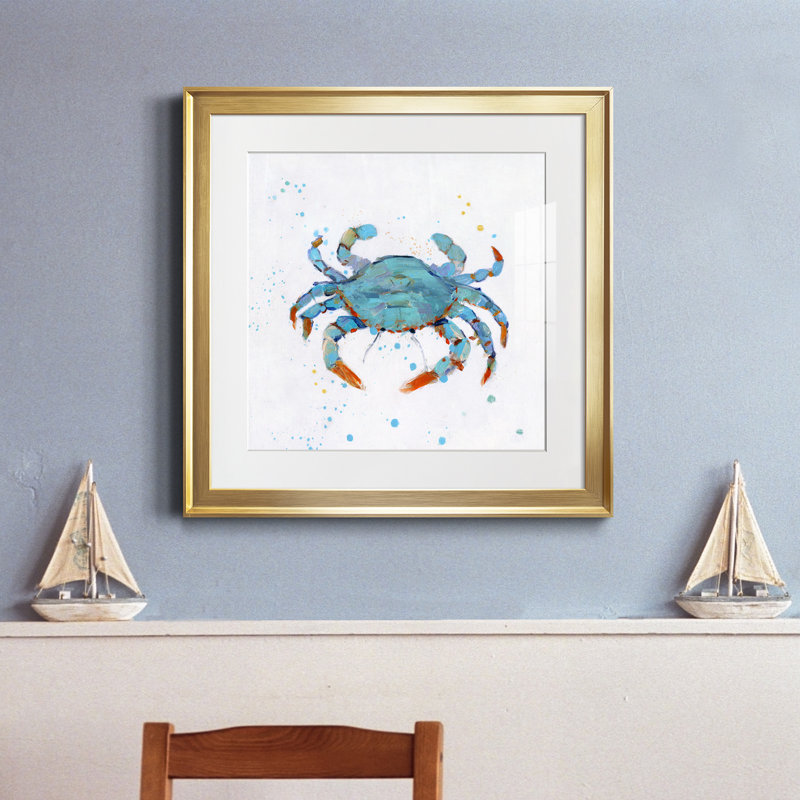 Crabe bleu pétillant - peinture encadrée, Toile encadrée dorée, H 17,5 po x l 17,5 po x P 1,5 po