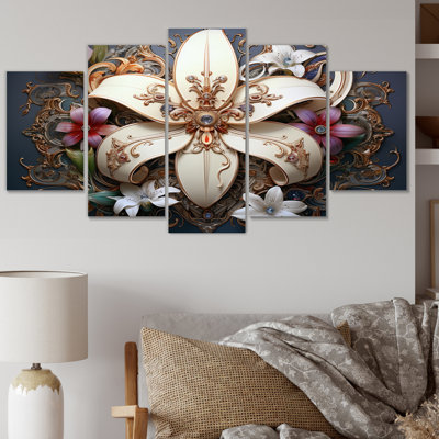 Fleur de lis A fleur de lis stylisée I - Art mural sur toile floral - 5 panneaux