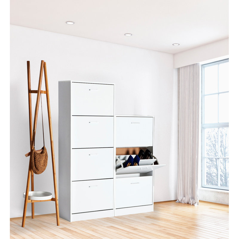 12 Pair Stackable Solid Wood Shoe Storage Cabinet, White