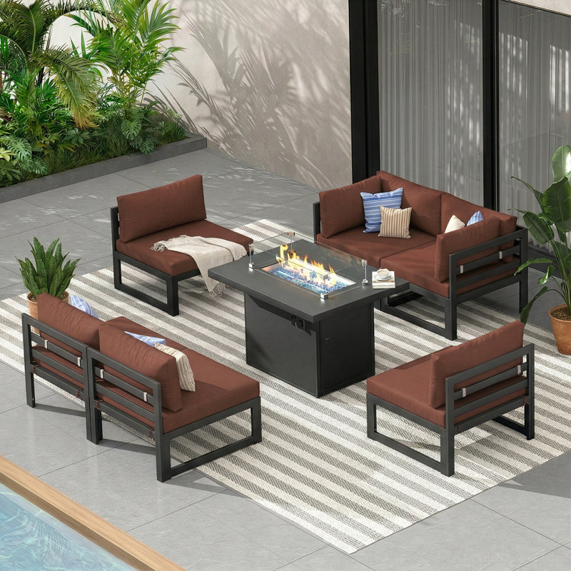 Gillet 7-Piece 6-Person Outdoor Patio All-Aluminum Sectional Conversation Set with 60,000 BTU Fire Pit Table and 4" High-Resilience Foam Cushions