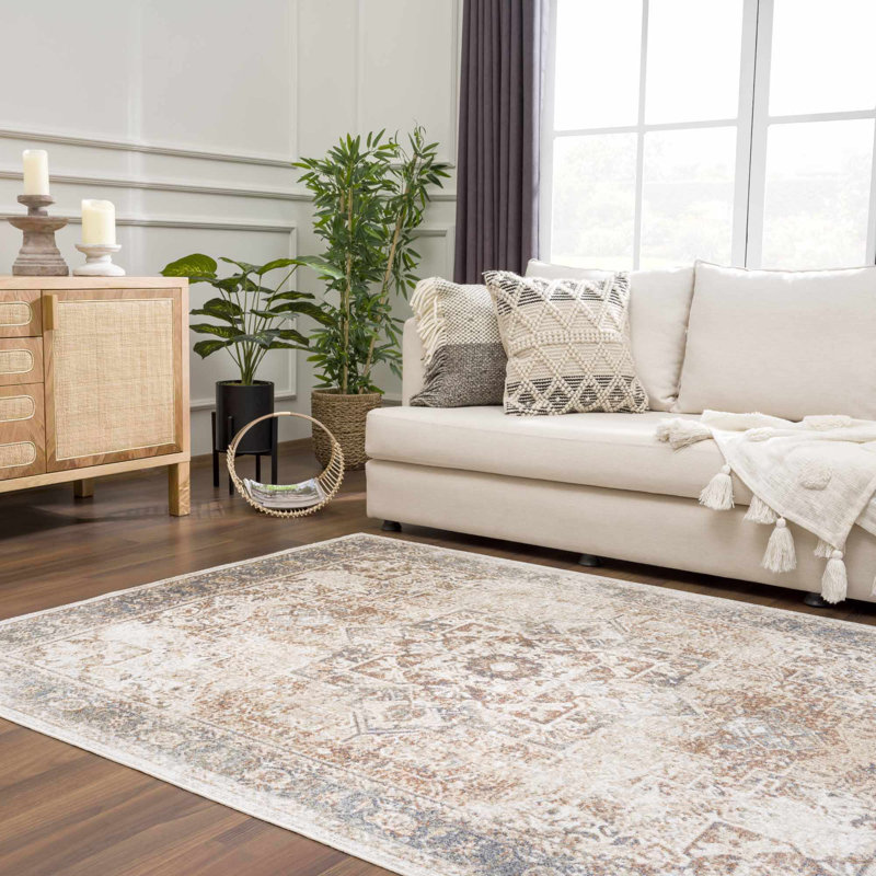 Medallion Design Performance Beige/Brown/Blue Machine Washable Area Rug, Rectangle 5'3" x 7'