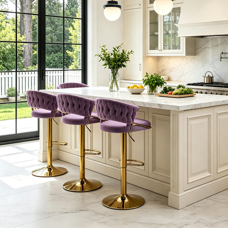 Christal Swivel Upholstered Adjustable Height Counter Stool, Light Purple, Gold