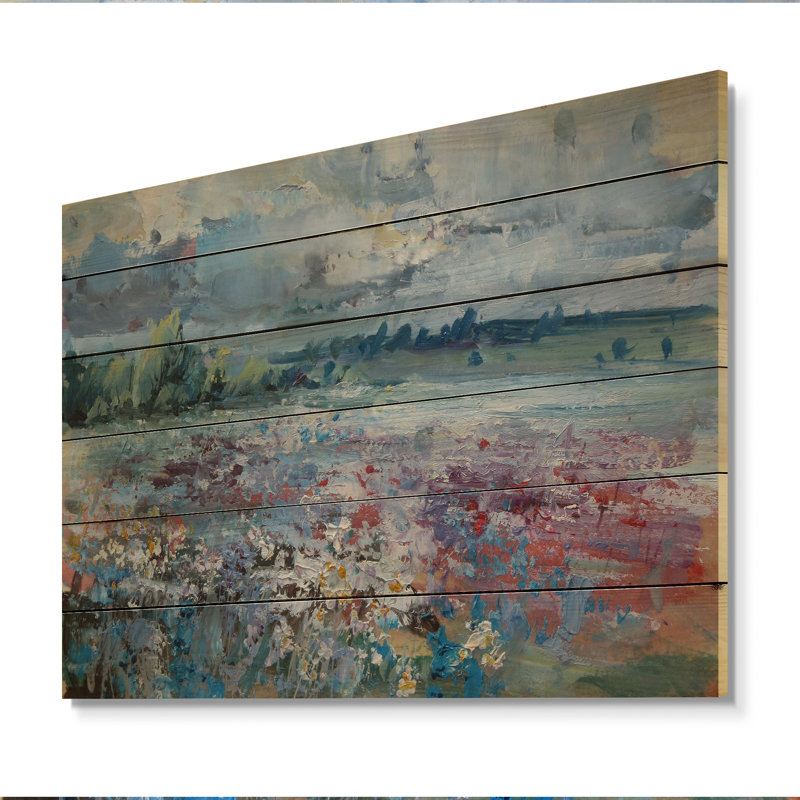 Peinture de paysage de fleurs sauvages - Art mural traditionnel en bois - Bois de pin naturel, H 24 po x l 36 po x P 1 po